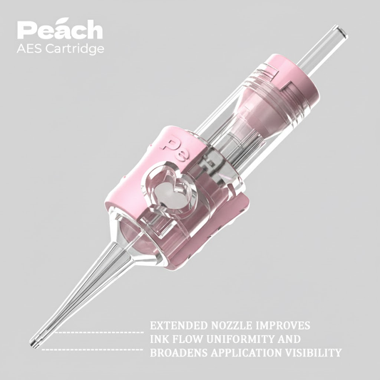 Peach AES high-precision permanent makeup cartridges (0.18mm, 0.25mm, 0.30mm) for professional eyebrow hair strokes.