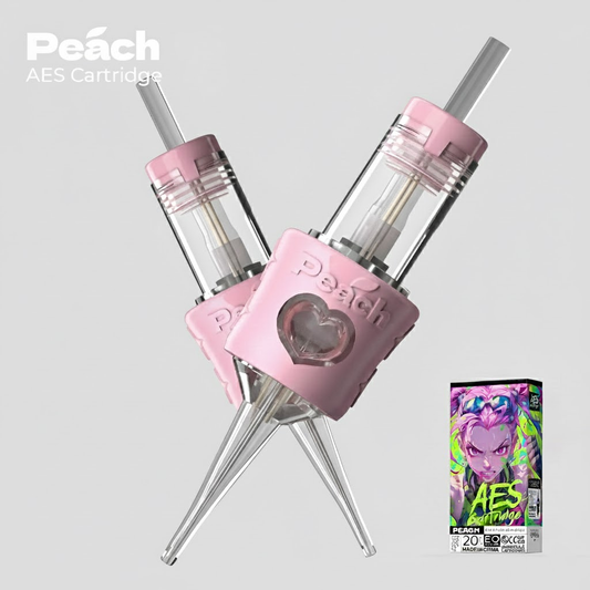 Close-up of Peach AES PMU Cartridge needles with transparent tips and anti-backflow safety membrane system on a sterile background.