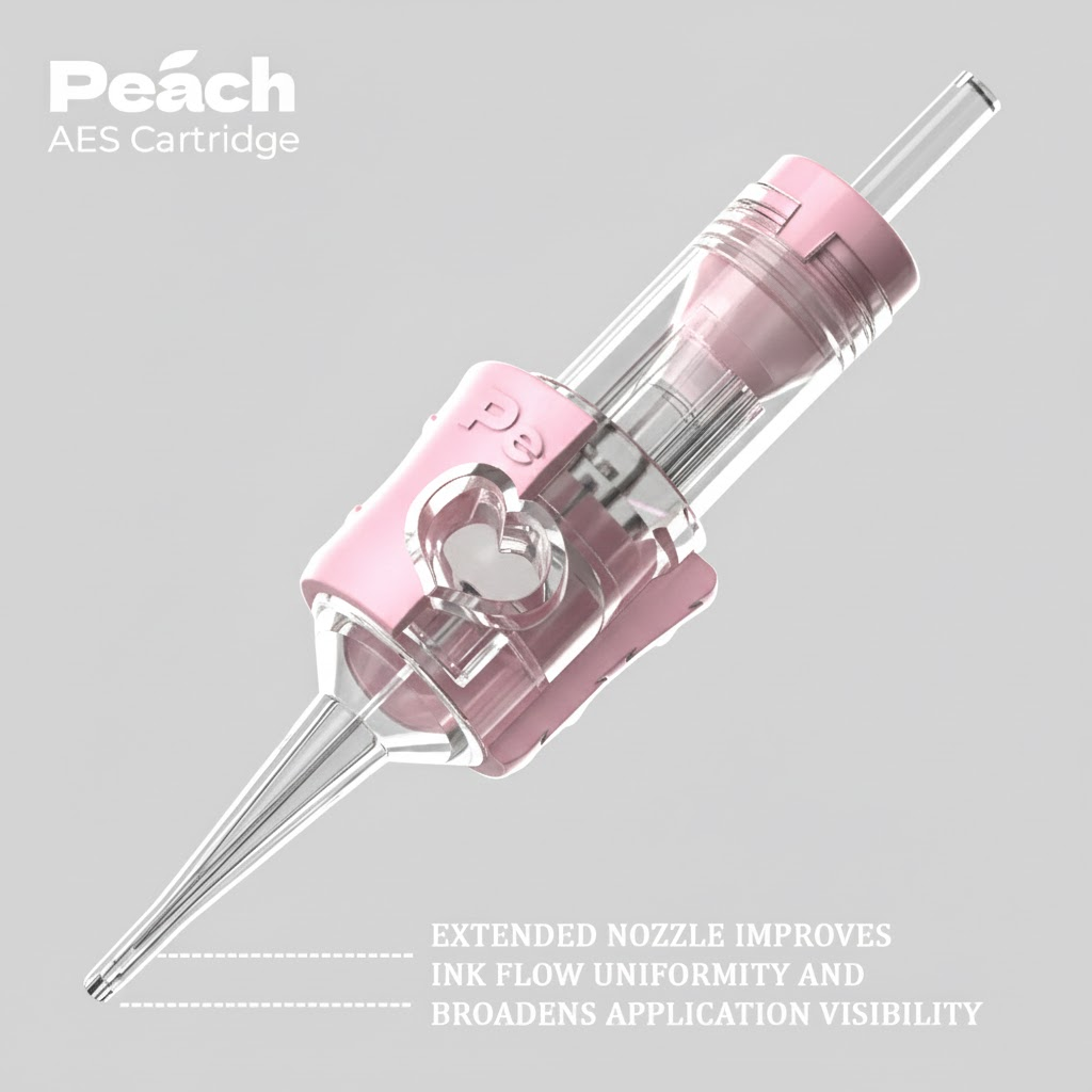 Peach AES high-precision permanent makeup cartridges (0.18mm, 0.25mm, 0.30mm) for professional eyebrow hair strokes.