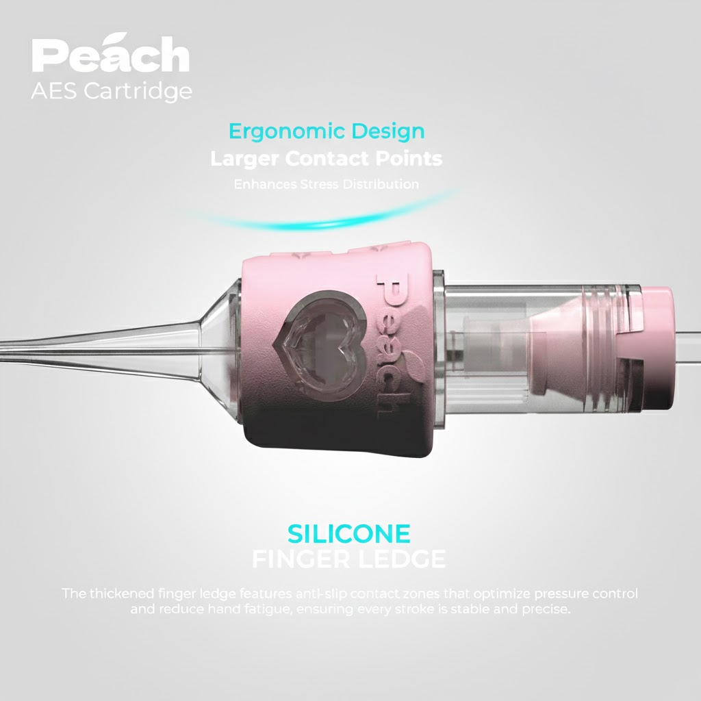 Close-up of a Peach AES tattoo needle cartridge, featuring a transparent body and a textured pink silicone finger ledge designed for ergonomic grip, improved stress distribution, and reduced hand fatigue.