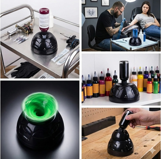 Hands-free Tattoo Ink Mixer in Action - High-Speed Vortex Vibration Mixing Tattoo Ink Bottle Inverted on Recessed Top Holder.